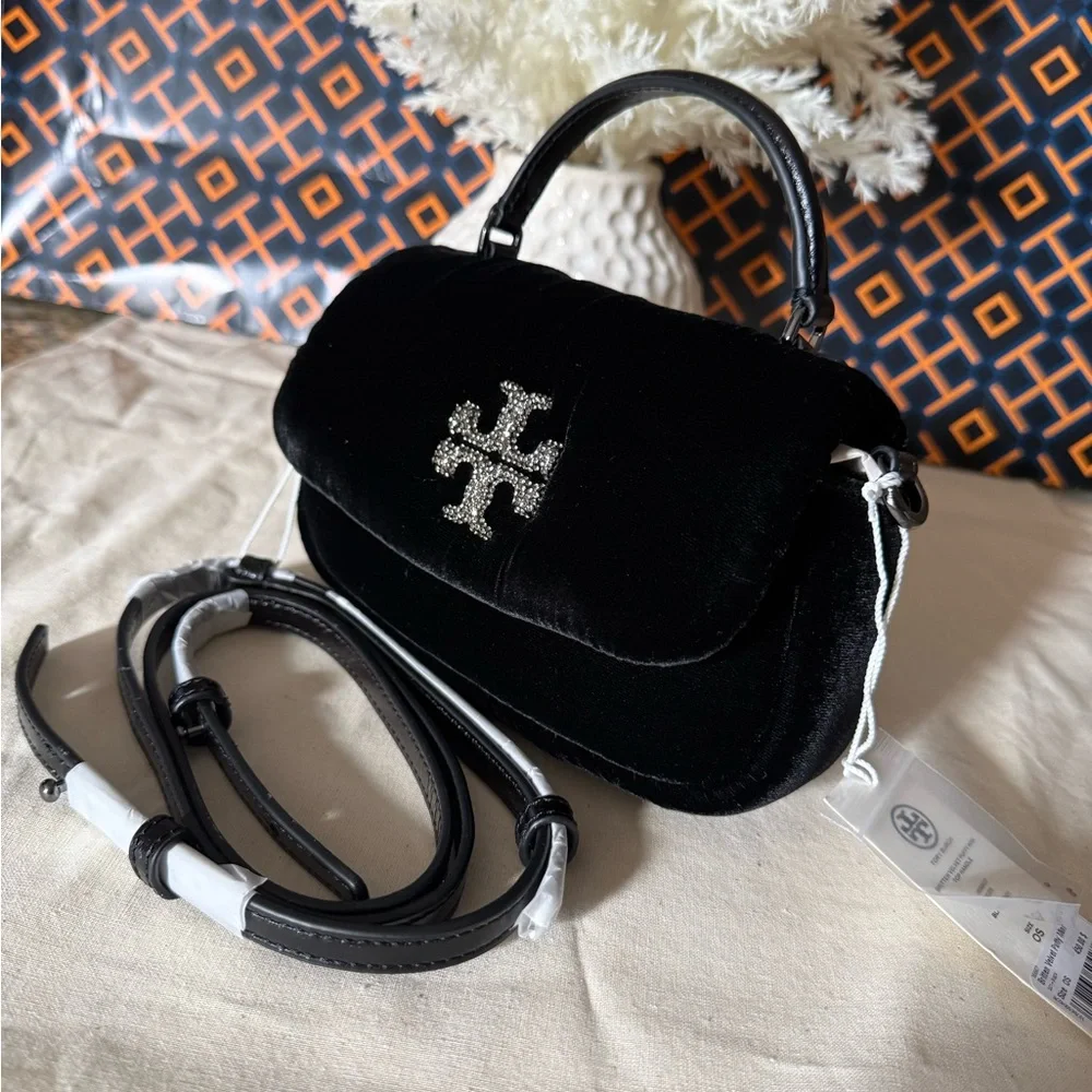 NWT , TORY BURCH BRITTEN VELVET PUFFY MINI TOP HANDLE BLACK